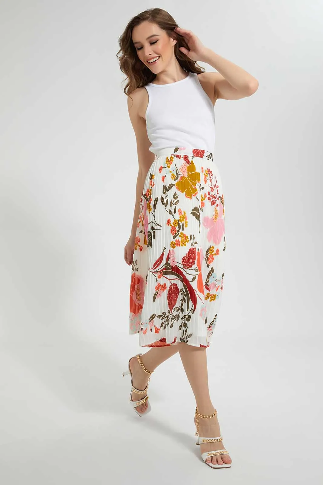 White Floral Pleated Skirt