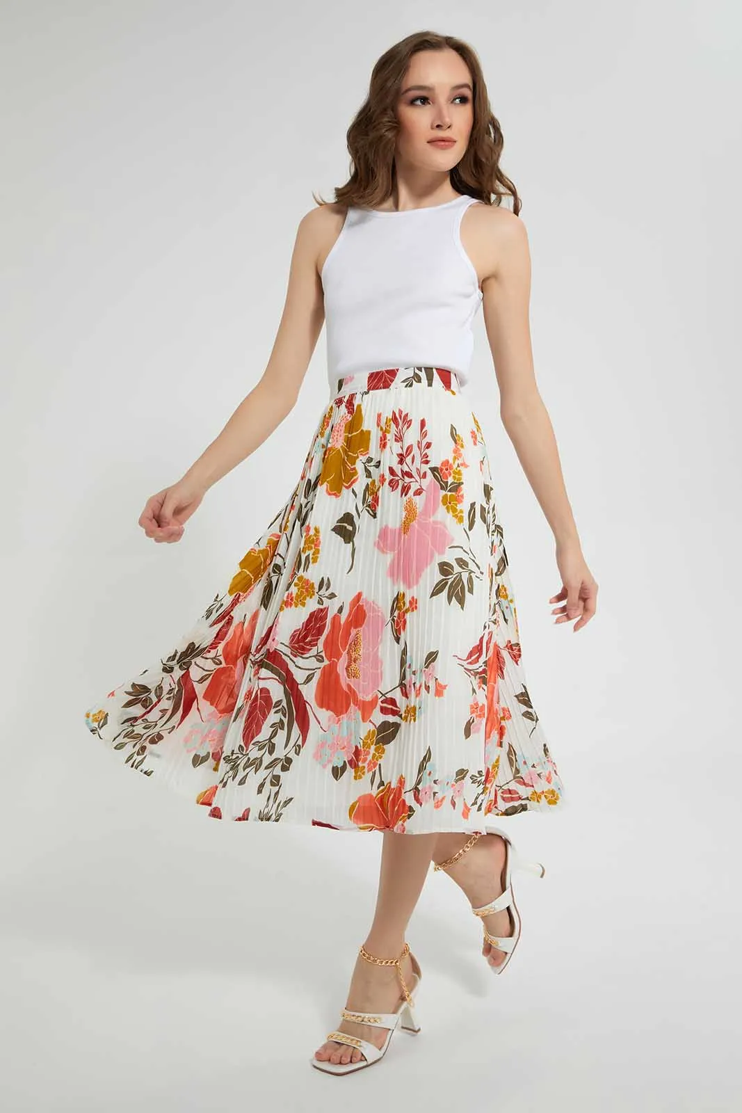 White Floral Pleated Skirt