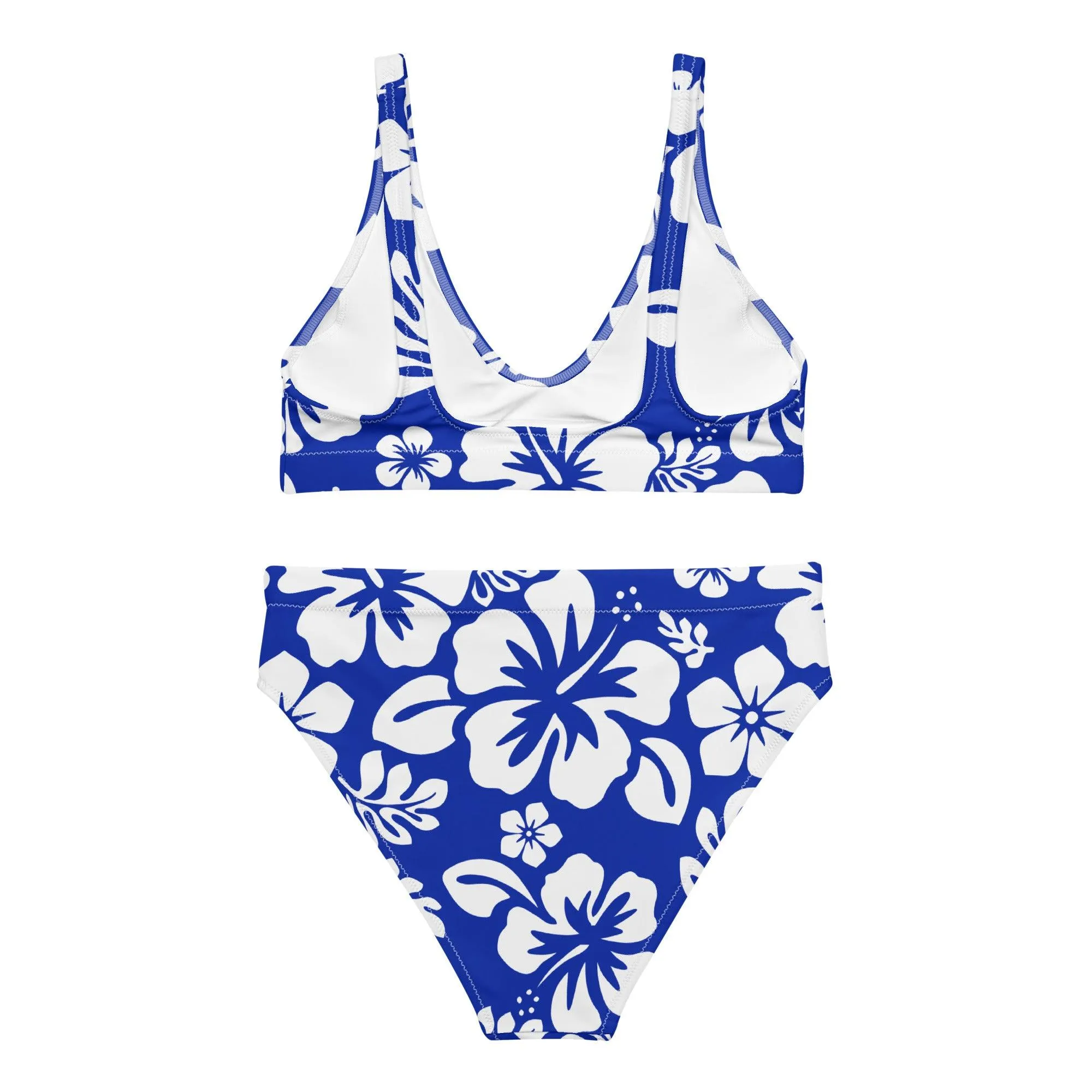 White Hawaiian Flowers on Royal Blue High Waisted Bikini