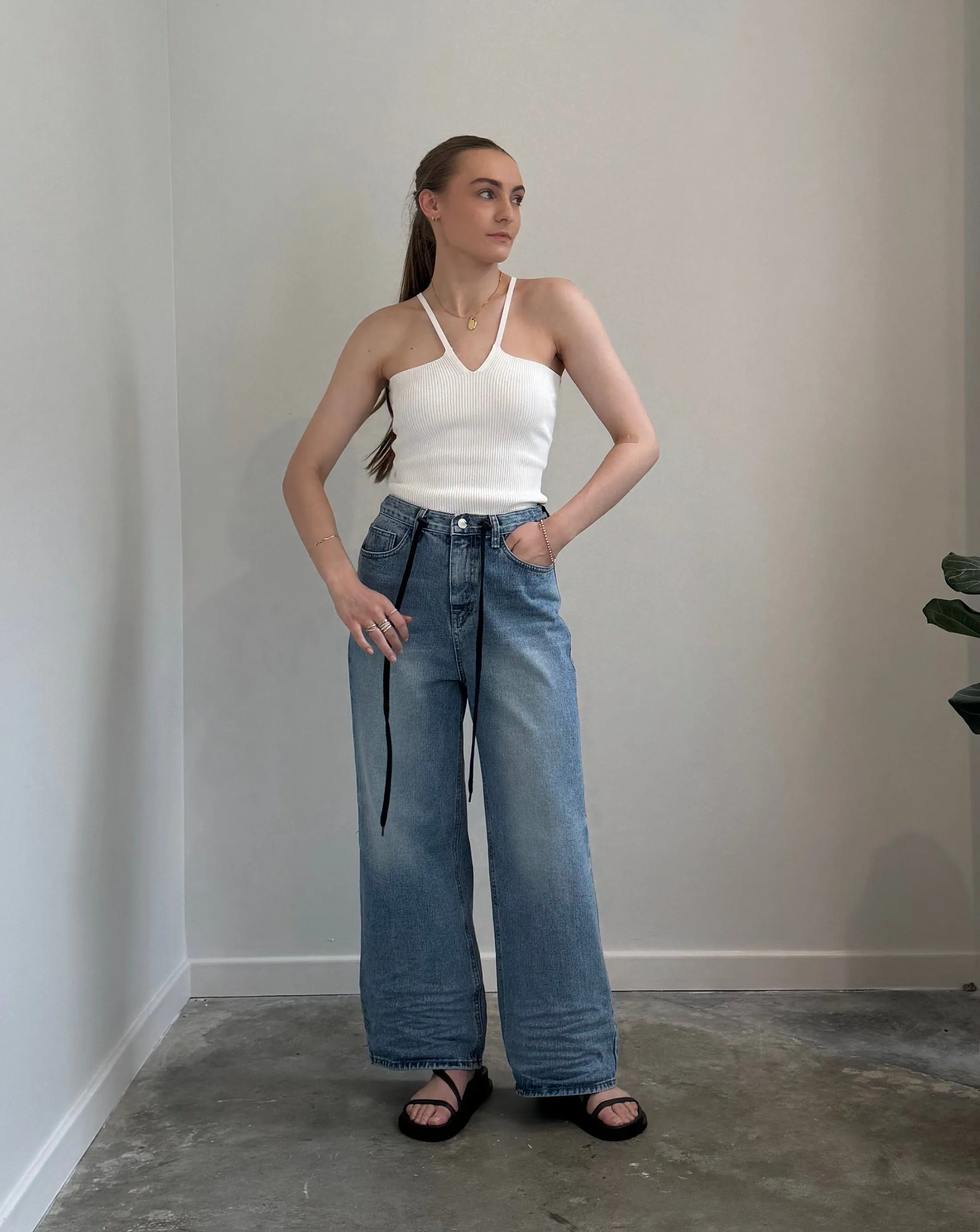 White Ribbed V-Neck Tank Top