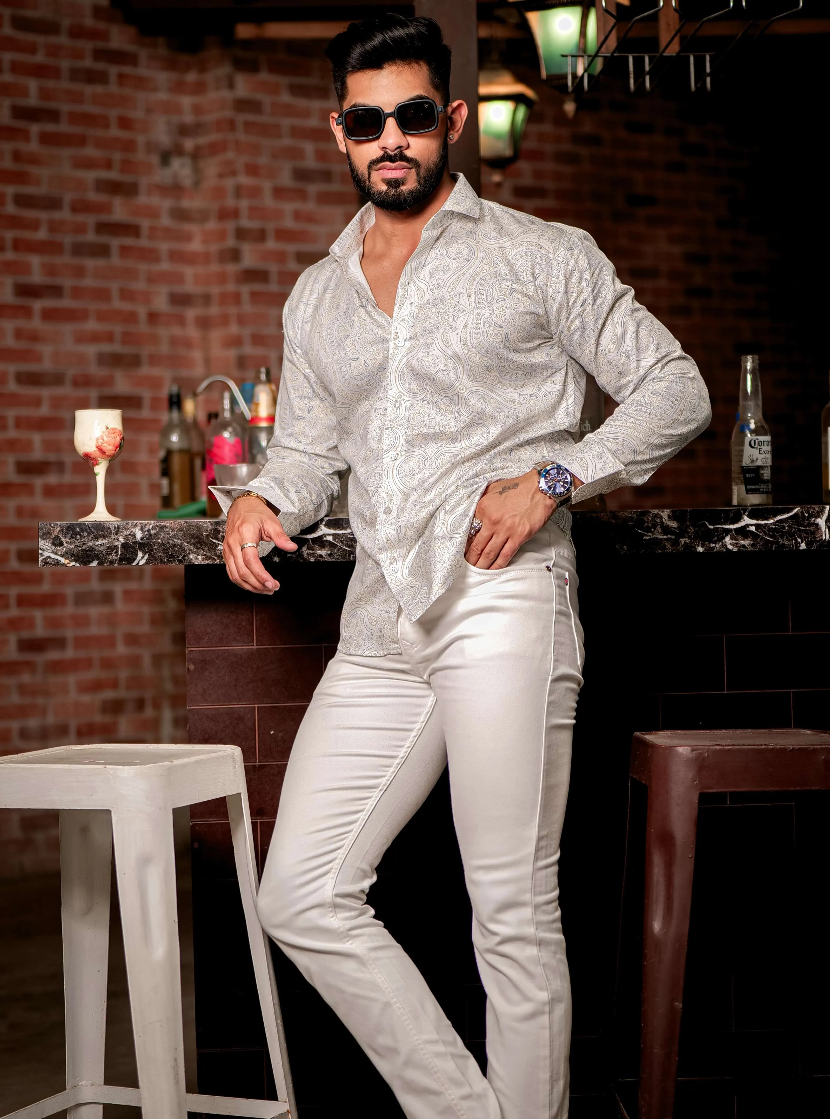 White Satin Print Premium Shirt