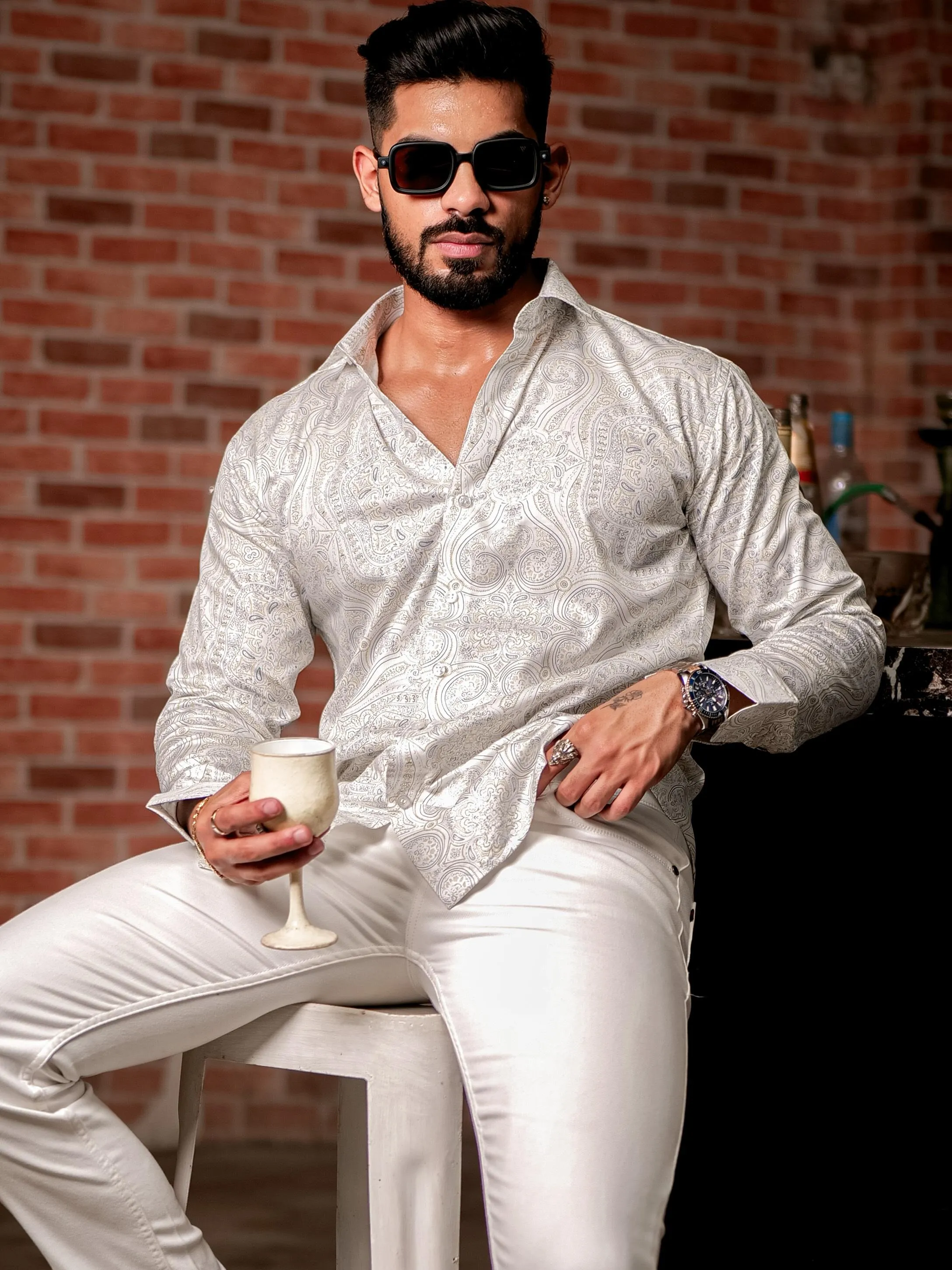 White Satin Print Premium Shirt