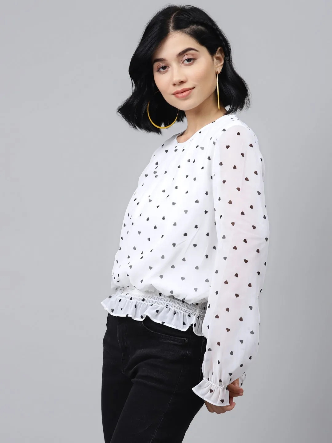 White Smocking Top With Black Hearts