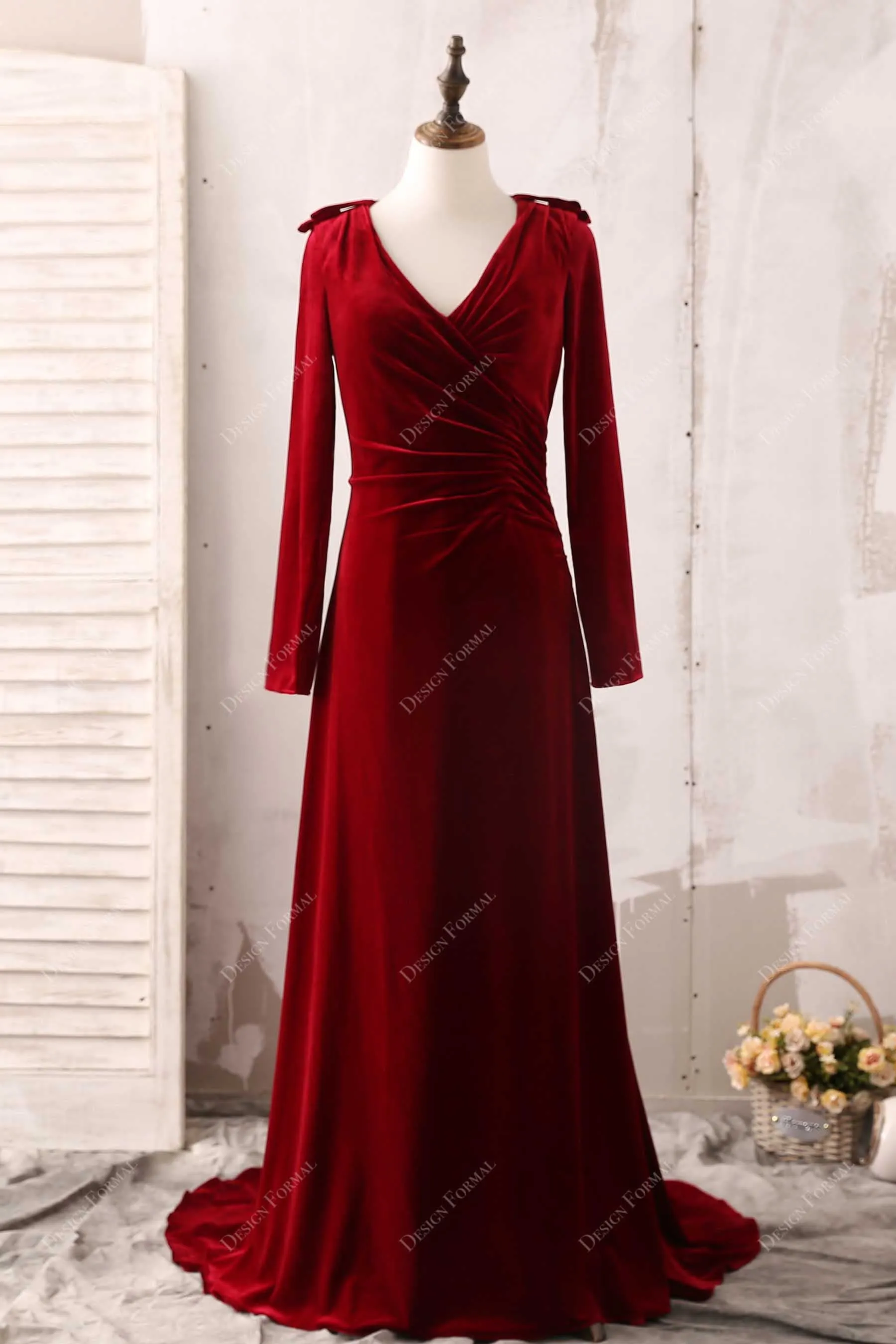 Wine Velvet Long Sleeves V-neck Elegant A-line Formal Dress