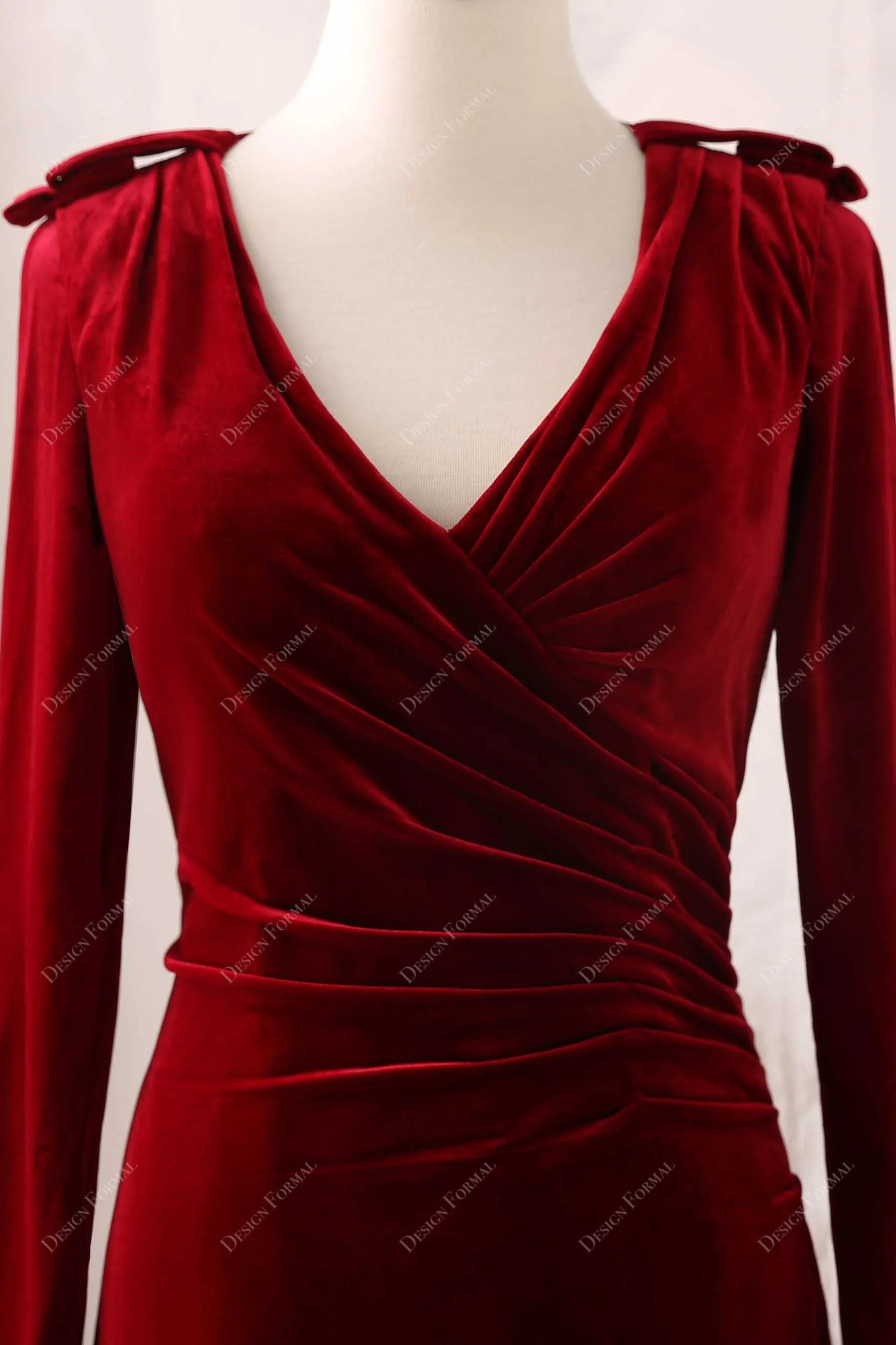 Wine Velvet Long Sleeves V-neck Elegant A-line Formal Dress