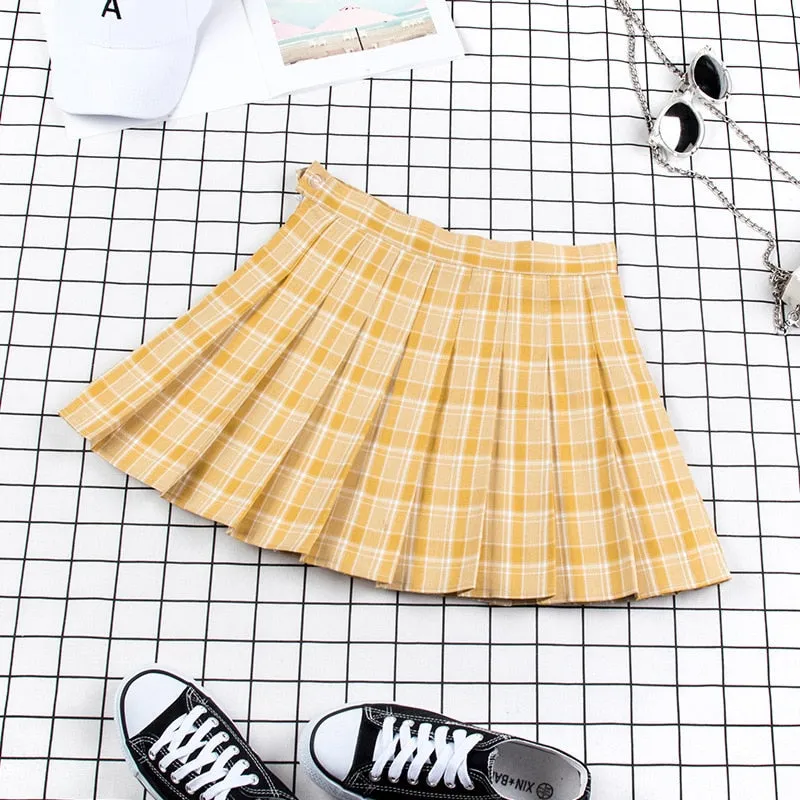 Wjczt Women Pleat Skirt Harajuku Preppy Style Plaid Skirts Mini Cute Japanese School Uniforms Ladies Jupe Kawaii Skirt Saia Faldas