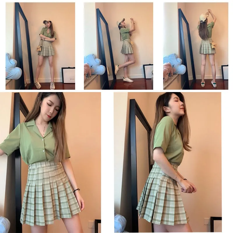 Wjczt Women Pleat Skirt Harajuku Preppy Style Plaid Skirts Mini Cute Japanese School Uniforms Ladies Jupe Kawaii Skirt Saia Faldas