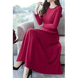 Women Beautiful Solid Pattern Round Neck Cozy Long Sleeve Lovely Evening Party Long Maxi Dress - C2015ZWD