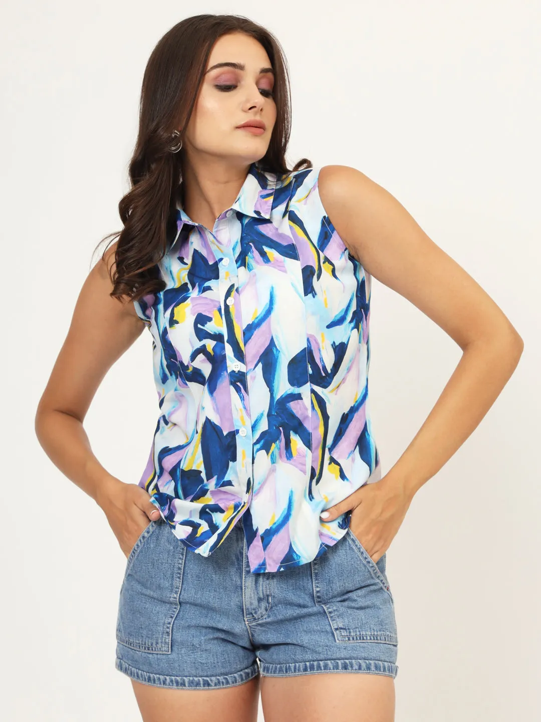 Women Classic Abstract Printed Casual Sleeveless Shirt