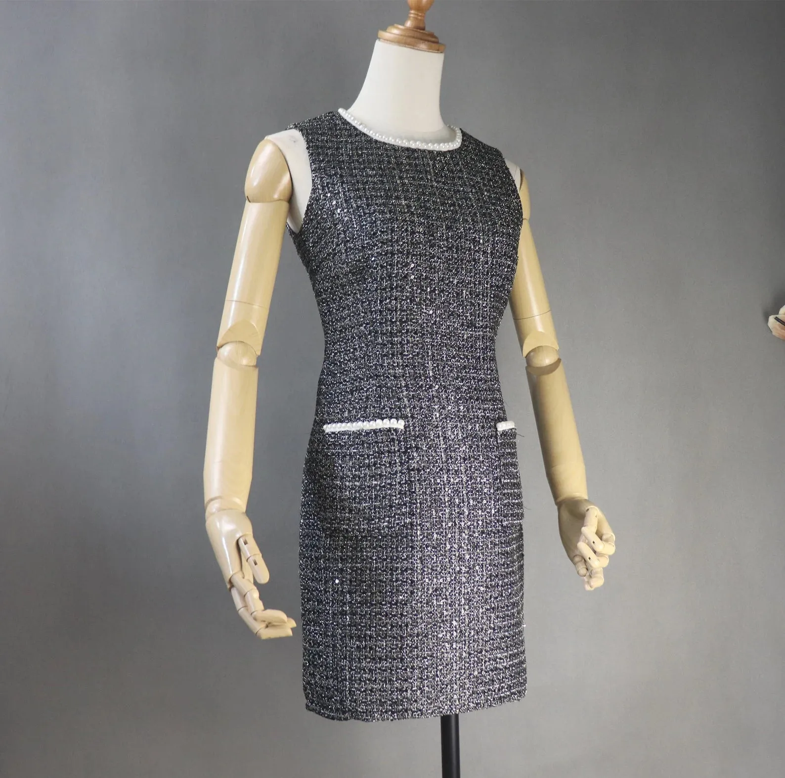 Womens Custom Made Pearls Decoration Sequinned Tweed Dress Black