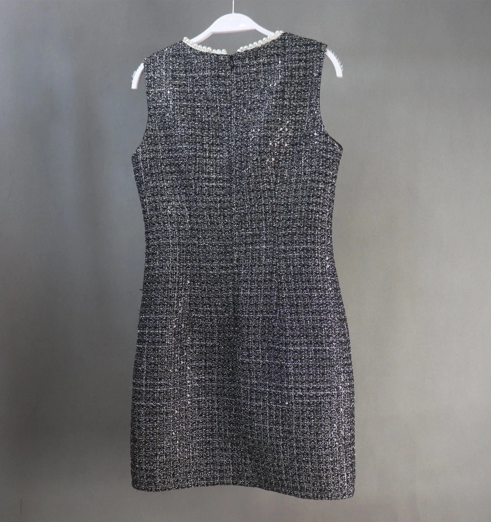 Womens Custom Made Pearls Decoration Sequinned Tweed Dress Black