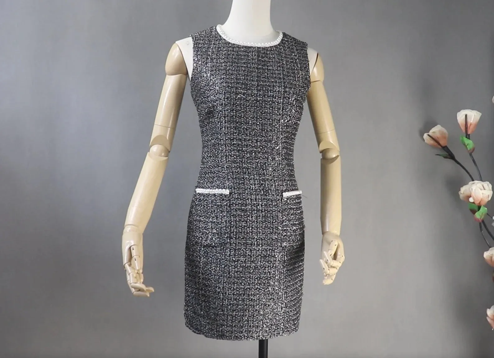 Womens Custom Made Pearls Decoration Sequinned Tweed Dress Black