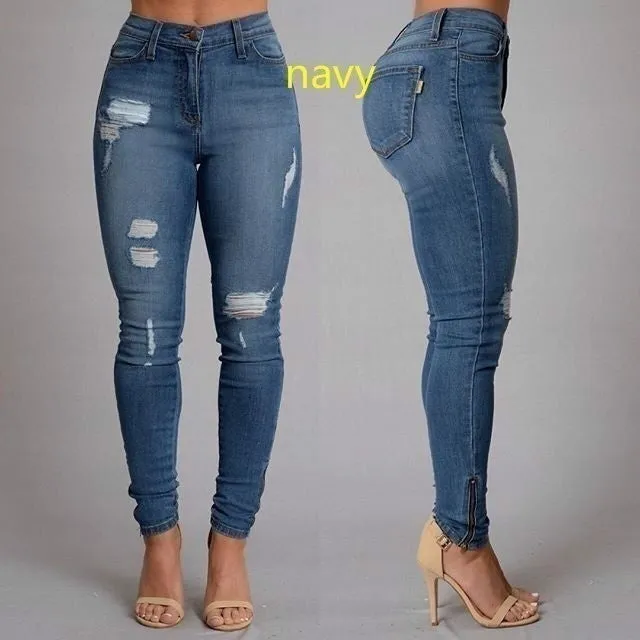 Women's fashion Sexy High Waist Pencil Jeans Casual Blue Ripped Denim Pants Lady Long Skinny Slim Maxi Jeans Trousers