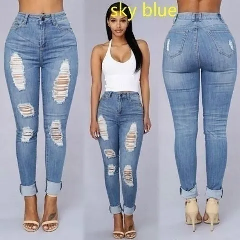 Women's fashion Sexy High Waist Pencil Jeans Casual Blue Ripped Denim Pants Lady Long Skinny Slim Maxi Jeans Trousers