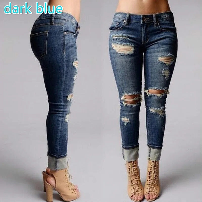 Women's fashion Sexy High Waist Pencil Jeans Casual Blue Ripped Denim Pants Lady Long Skinny Slim Maxi Jeans Trousers