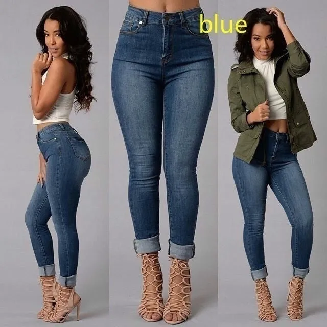 Women's fashion Sexy High Waist Pencil Jeans Casual Blue Ripped Denim Pants Lady Long Skinny Slim Maxi Jeans Trousers