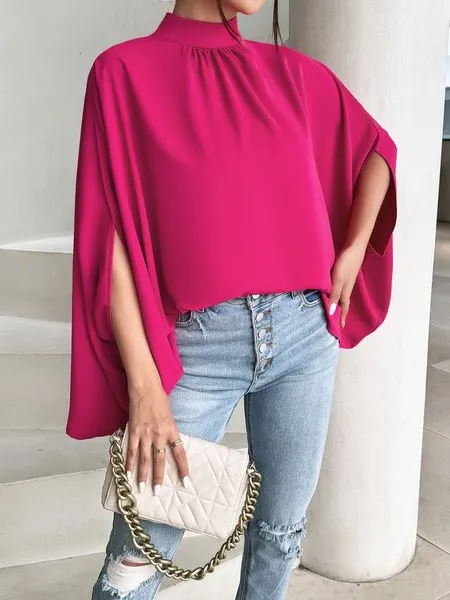 Women's Oversize Smock Neck Knot Back Batwing Sleeve Blouse Shirt Top HY69E4ZBQD