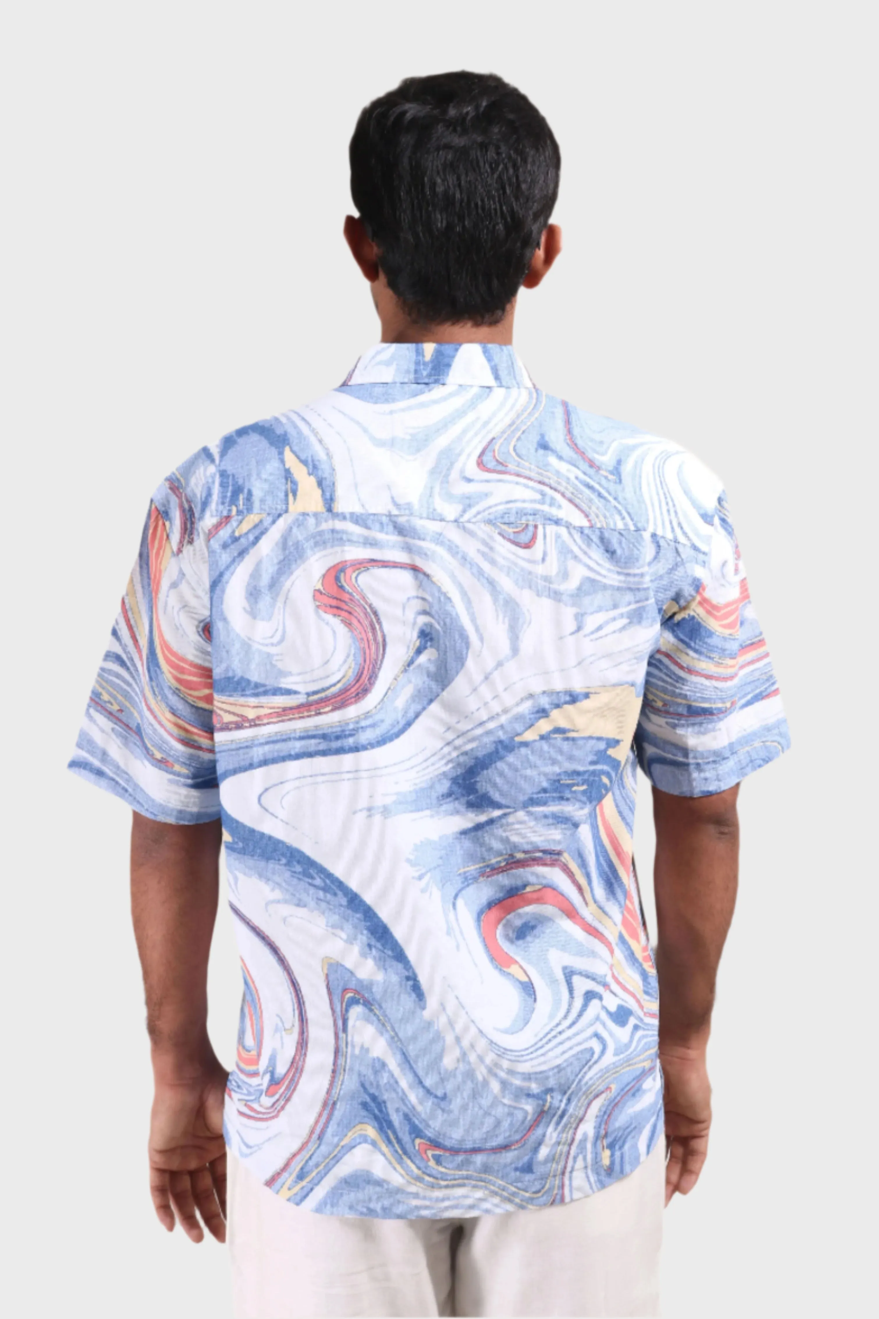 XKIND BLUE FINE CORDUROY DROP SHOULDER PRINTED RELAXED FIT SHIRT