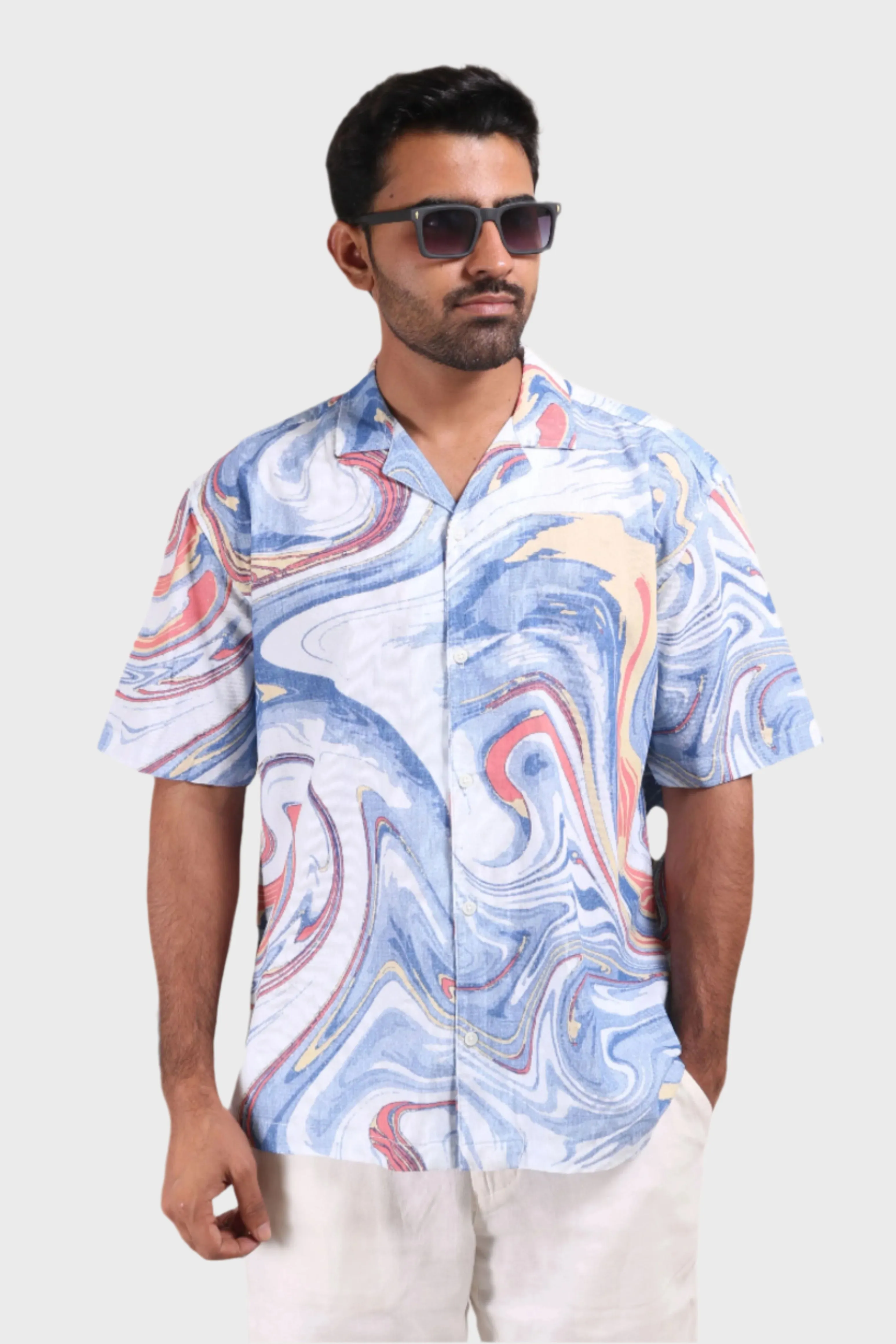 XKIND BLUE FINE CORDUROY DROP SHOULDER PRINTED RELAXED FIT SHIRT