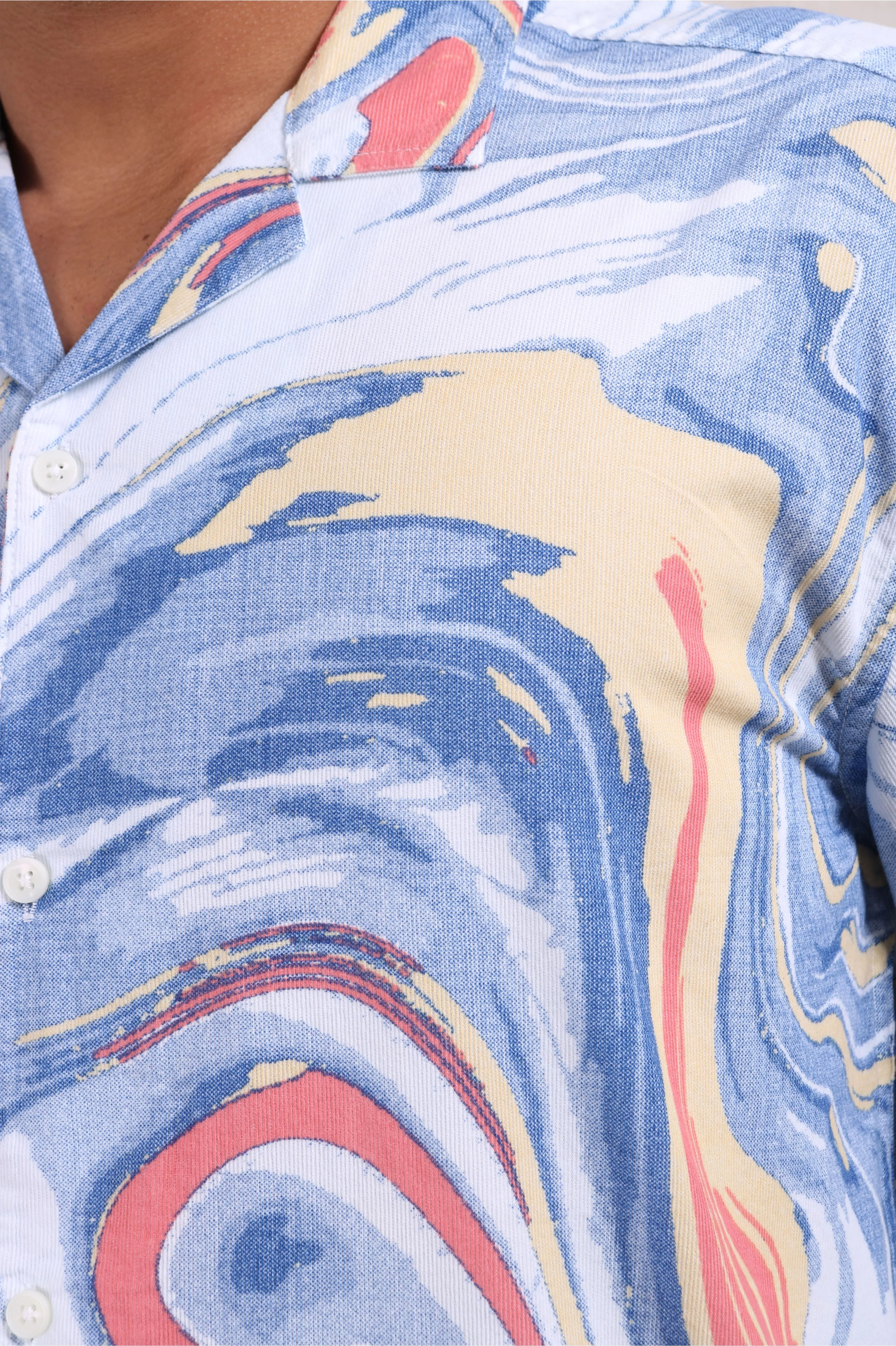 XKIND BLUE FINE CORDUROY DROP SHOULDER PRINTED RELAXED FIT SHIRT