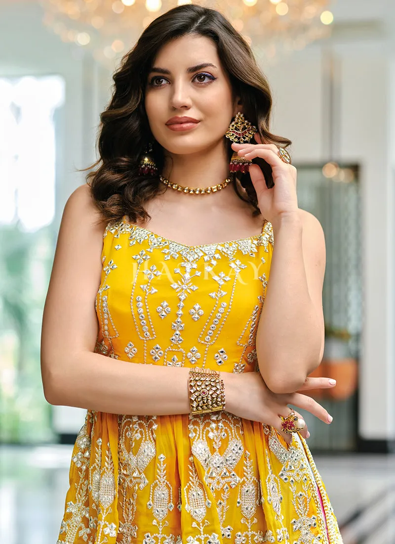 Yellow And White Embroidered Georgette Sharara Suit