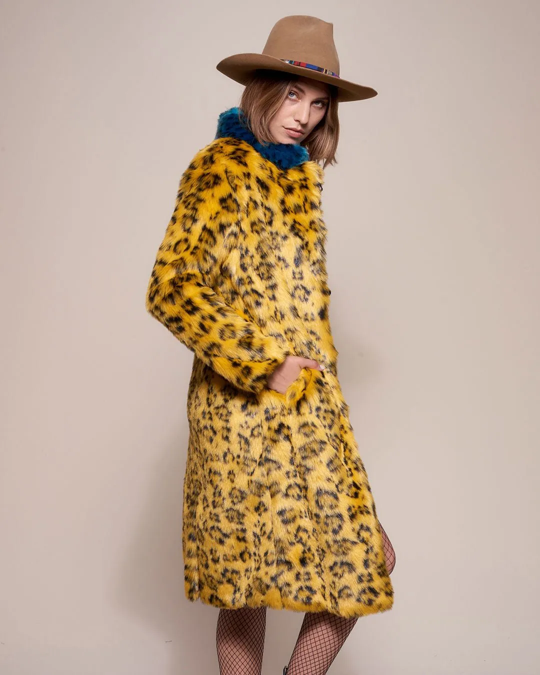 Yellow Cheetah Calf Length Faux Fur Coat | Women's