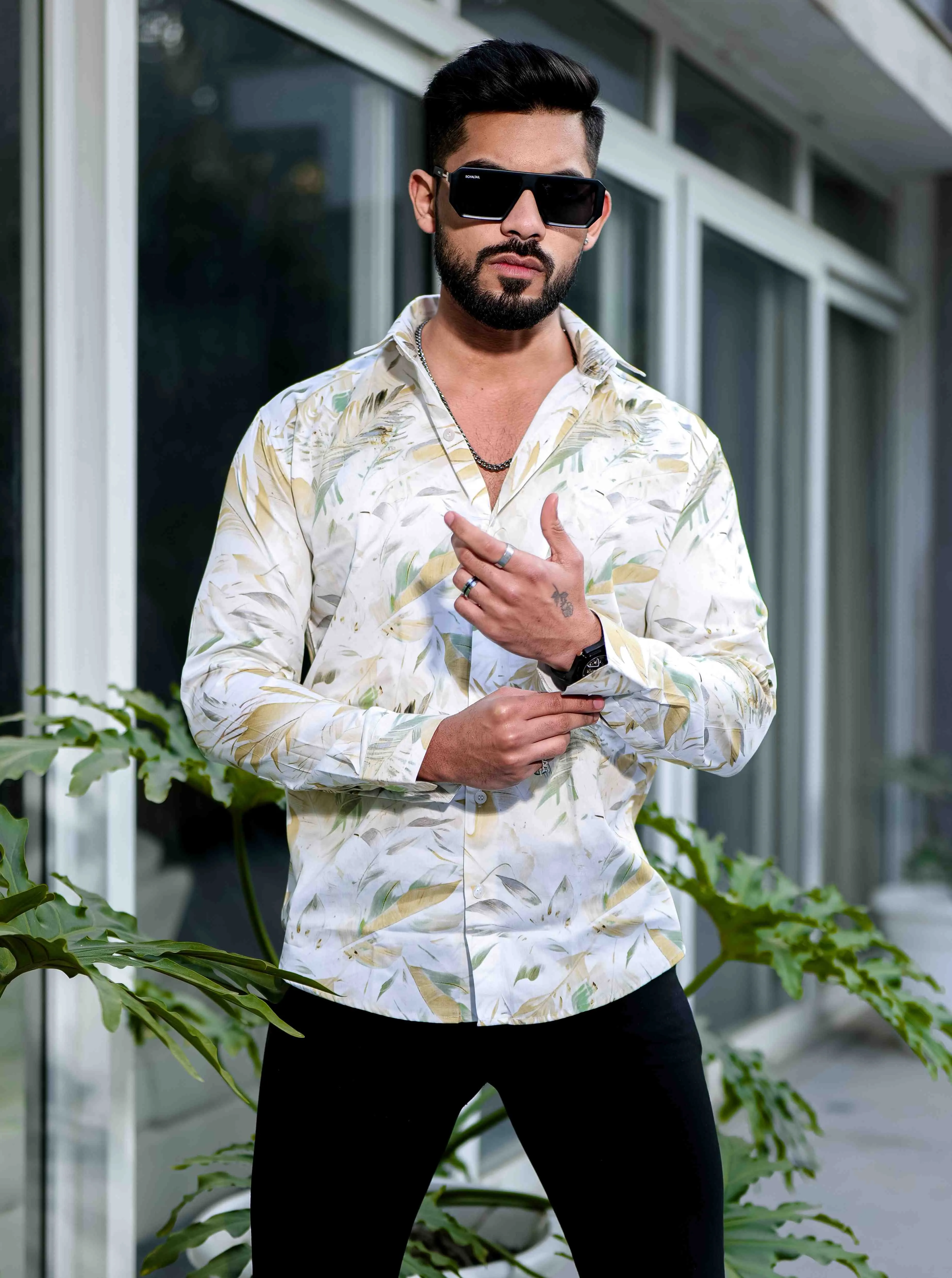 Yellow Giza Cotton Print Premium Shirt