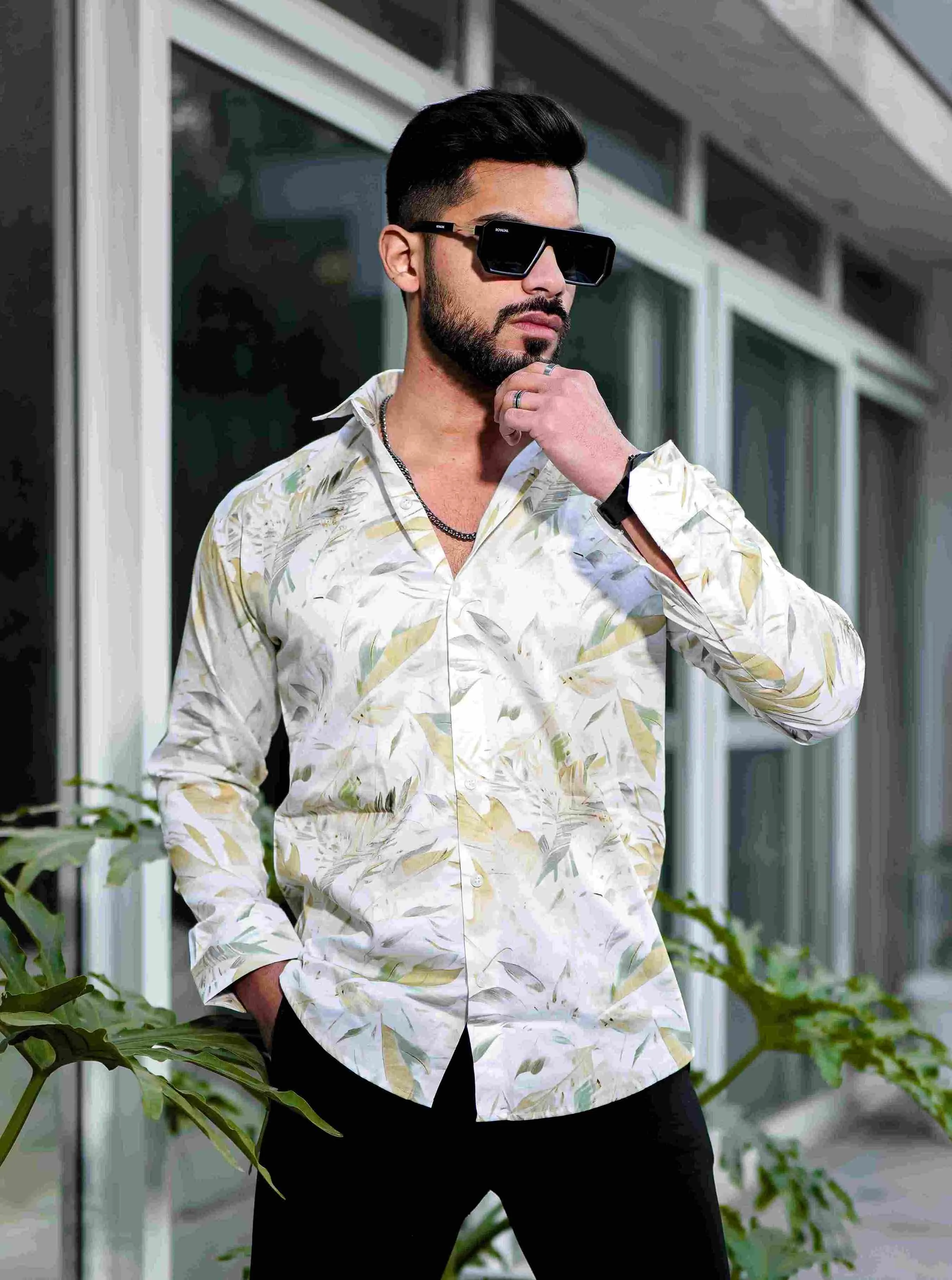 Yellow Giza Cotton Print Premium Shirt