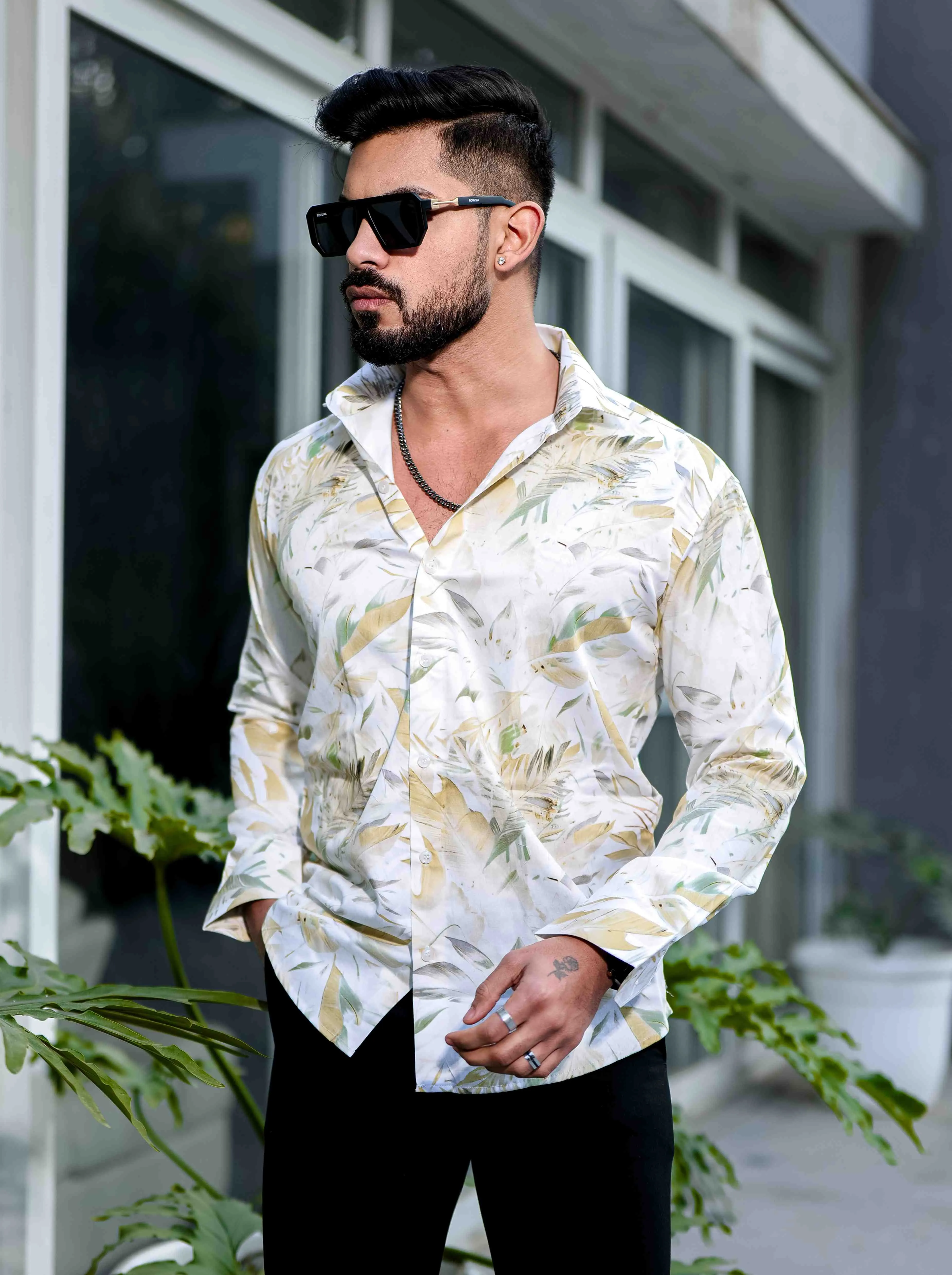 Yellow Giza Cotton Print Premium Shirt