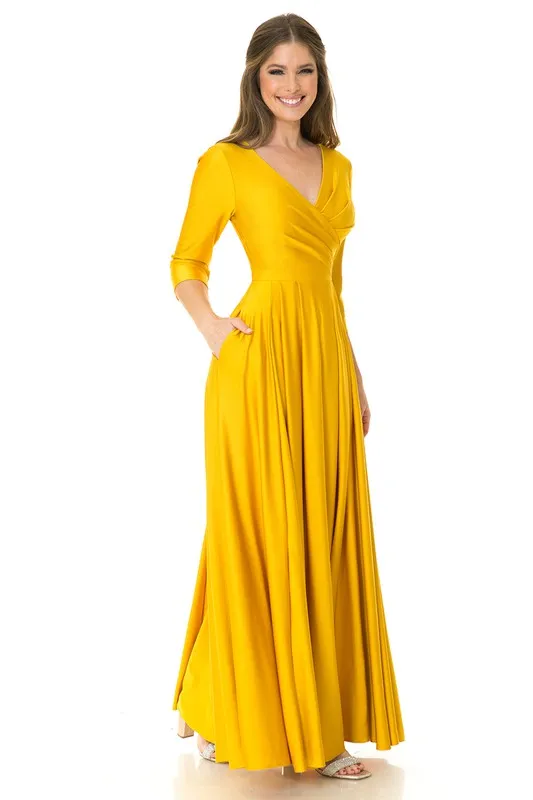 Yellow Sleeve Wrap Pleated Flare Pockets Formal Dress