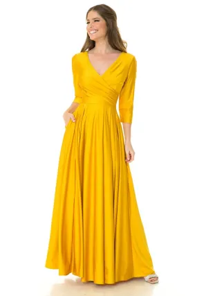 Yellow Sleeve Wrap Pleated Flare Pockets Formal Dress