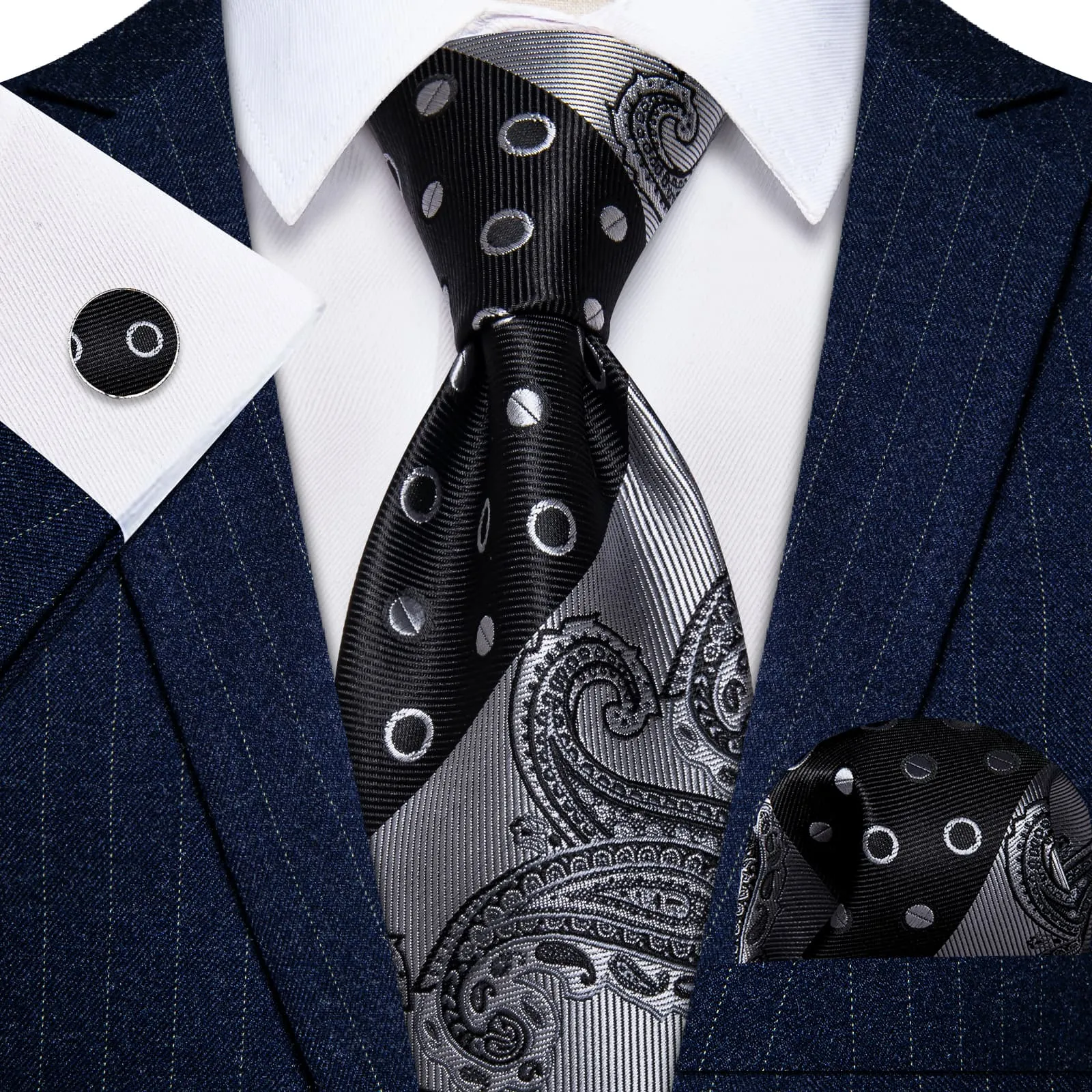 YourTies Black Solid Long Sleeve Shirt with Black Grey Paisley Silk Tie for Men