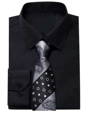 YourTies Black Solid Long Sleeve Shirt with Black Grey Paisley Silk Tie for Men