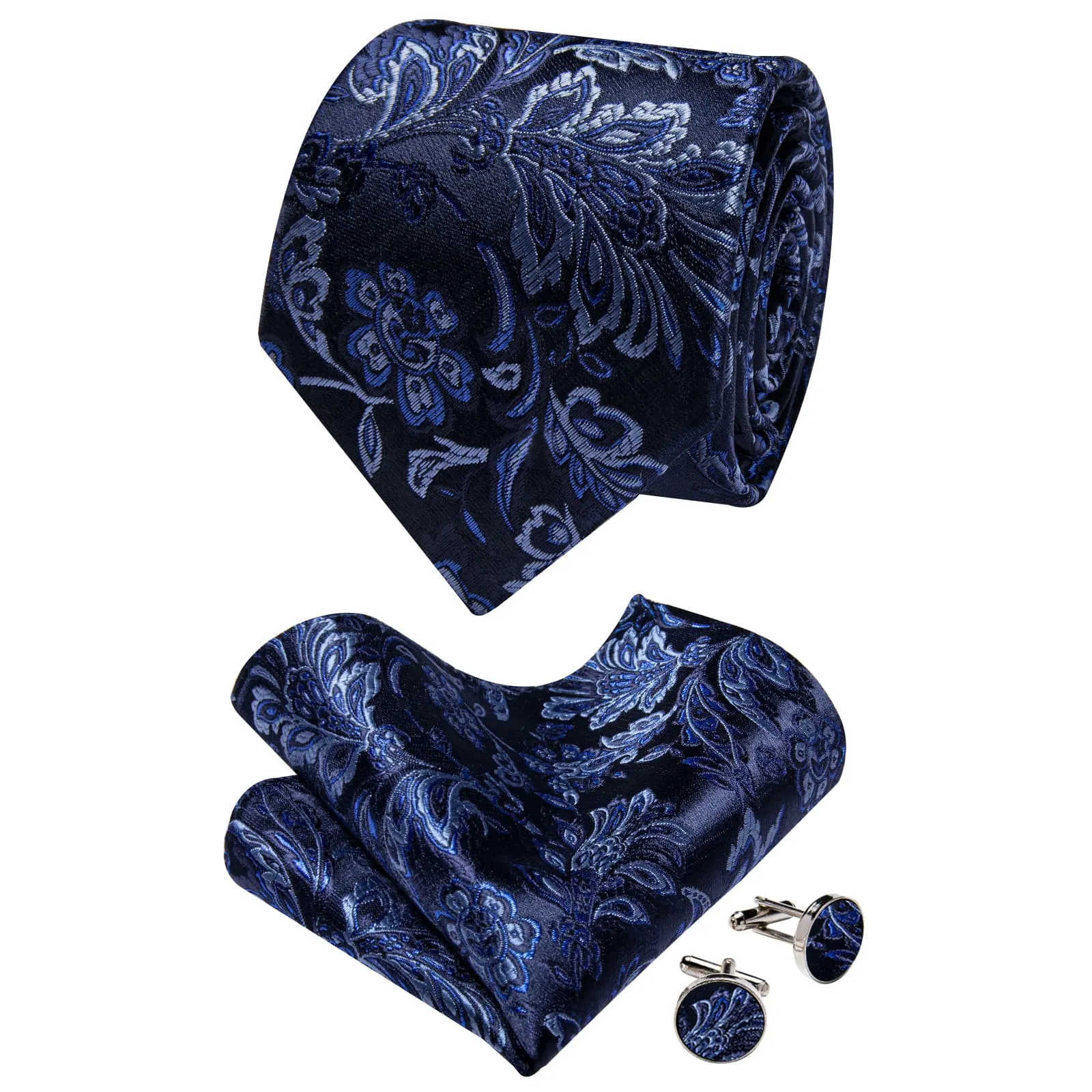 YourTies Black Solid Long Sleeve Shirt with Dark Blue Floral Silk Tie for Men