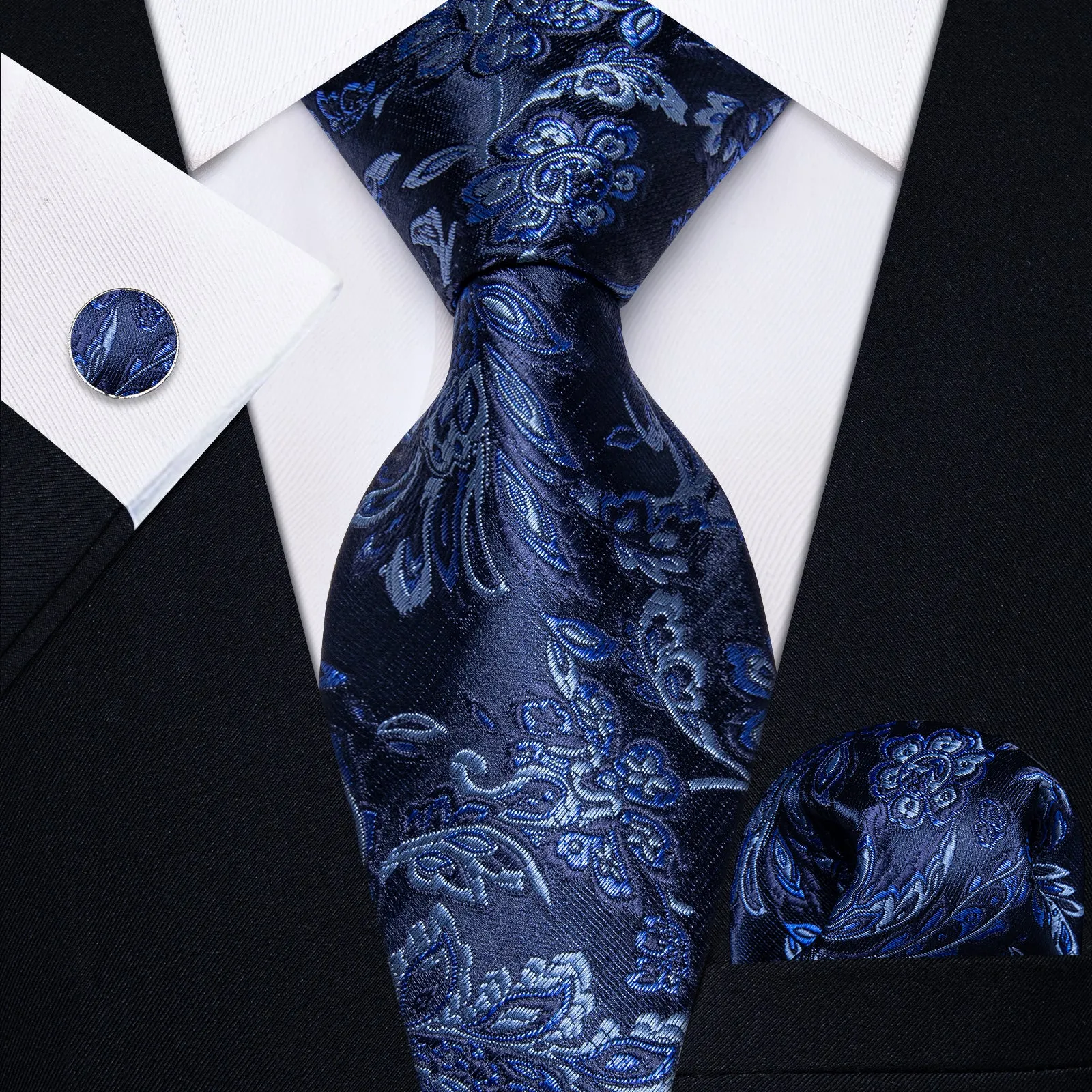 YourTies Black Solid Long Sleeve Shirt with Dark Blue Floral Silk Tie for Men