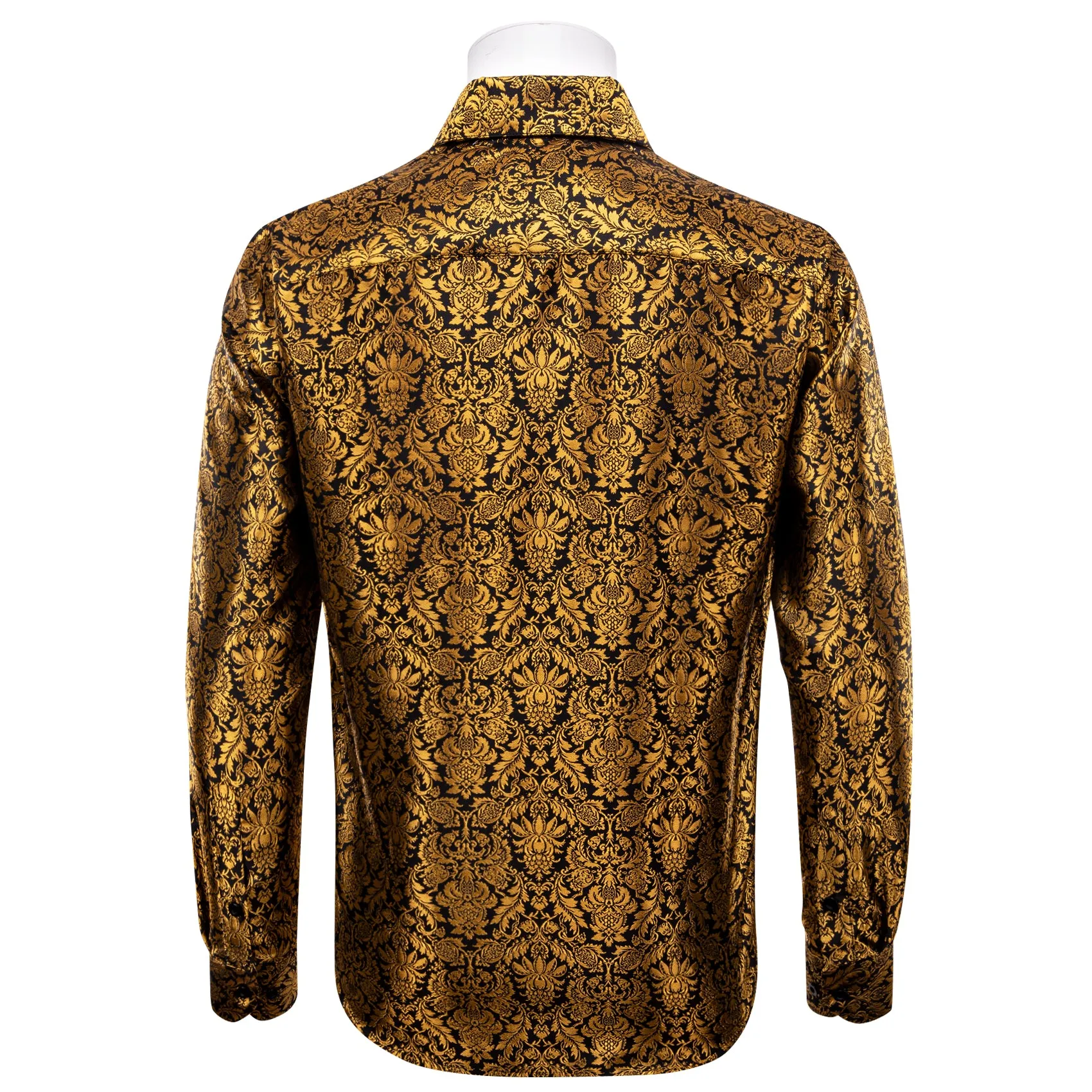 YourTies Golden Shirt Black Jacquard Floral Leaf Men Long Sleeve Shirt