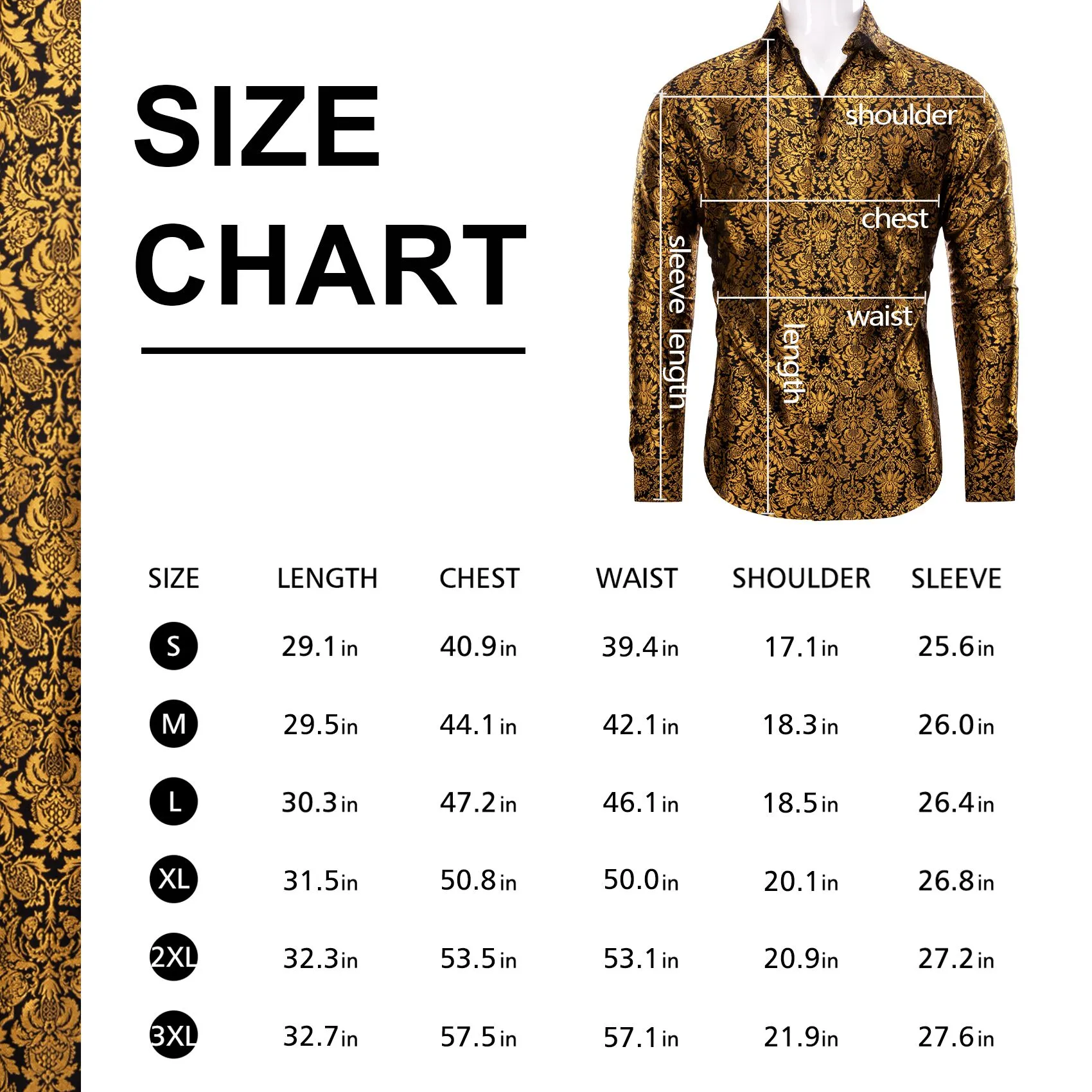 YourTies Golden Shirt Black Jacquard Floral Leaf Men Long Sleeve Shirt