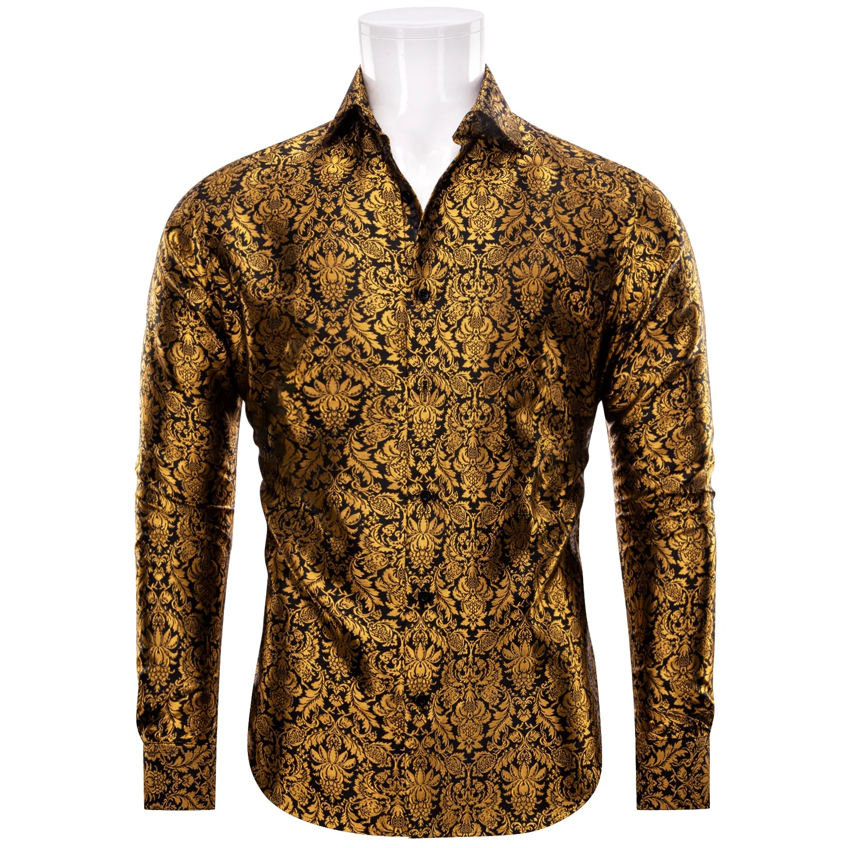 YourTies Golden Shirt Black Jacquard Floral Leaf Men Long Sleeve Shirt