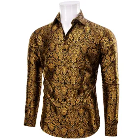 YourTies Golden Shirt Black Jacquard Floral Leaf Men Long Sleeve Shirt