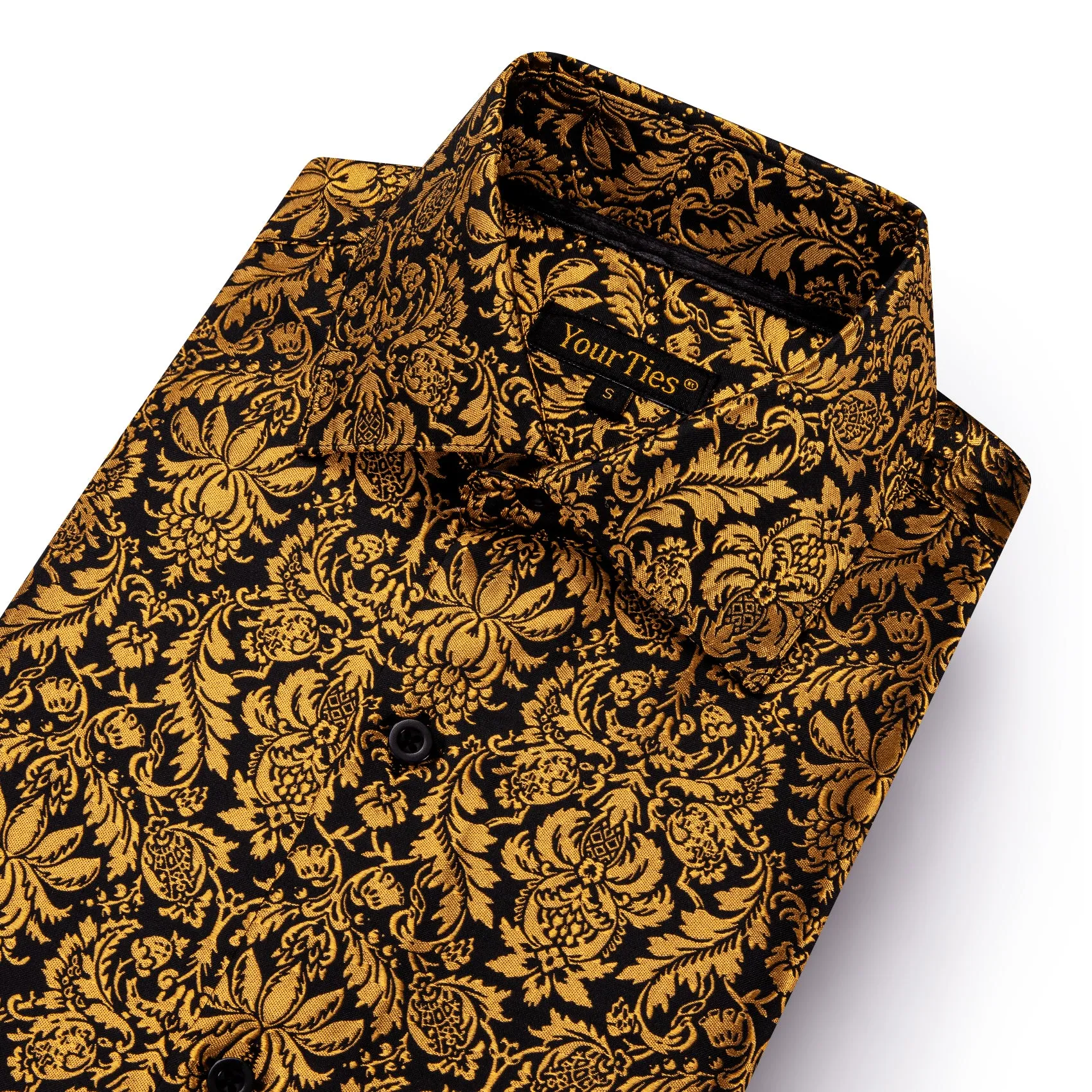 YourTies Golden Shirt Black Jacquard Floral Leaf Men Long Sleeve Shirt